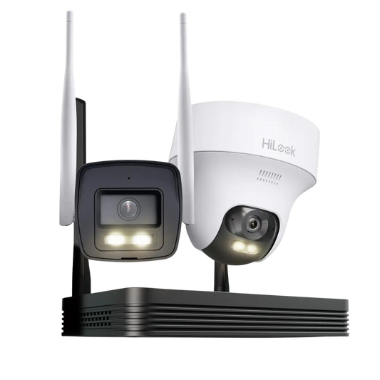 HiLook EasyLink WLAN Kit | 4 MP Bullet + PT Turret Überwachungskameras | WiFi NVS | Komplettset | Menschen- & Fahrzeugerkennung | Farbnachtsicht | 2-Wege-Audio | 24/7 Aufzeichnung | IKS-2044BTH-PH/W