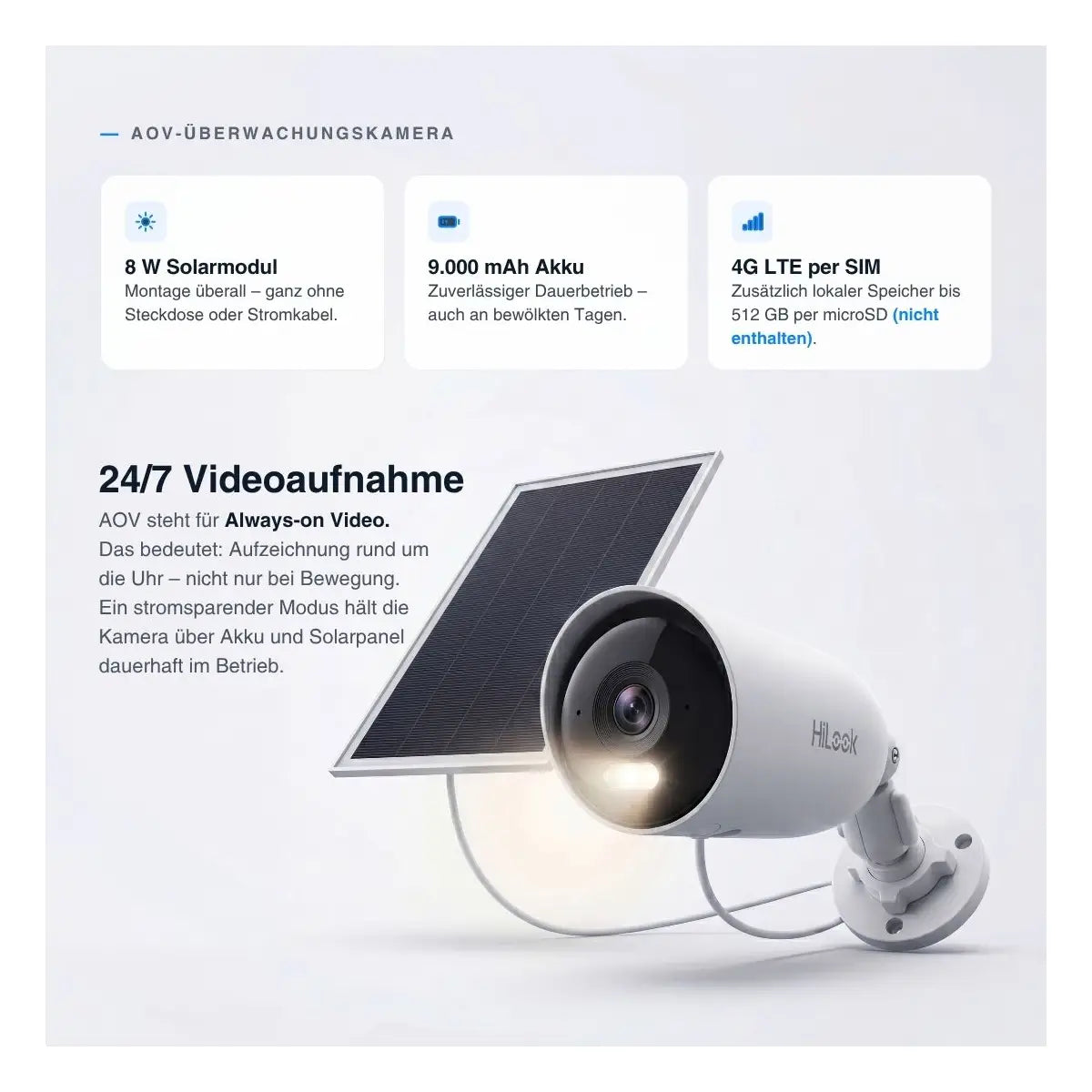 HiLook by HIKVISION Solar-Überwachungskamera | 4 MP | 24/7-Aufnahme | 4G-SIM | Smartphone App | IPC-CFS04/4G-SIM