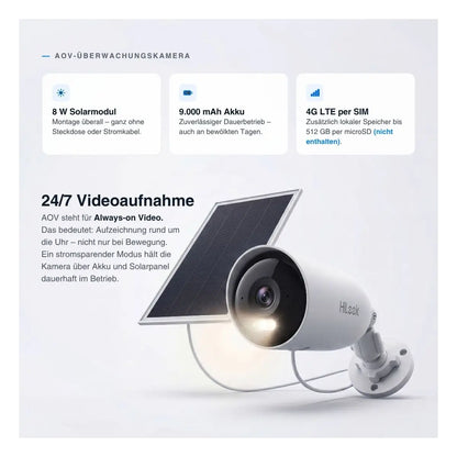 HiLook by HIKVISION Solar-Überwachungskamera | 4 MP | 24/7-Aufnahme | 4G-SIM | Smartphone App | IPC-CFS04/4G-SIM