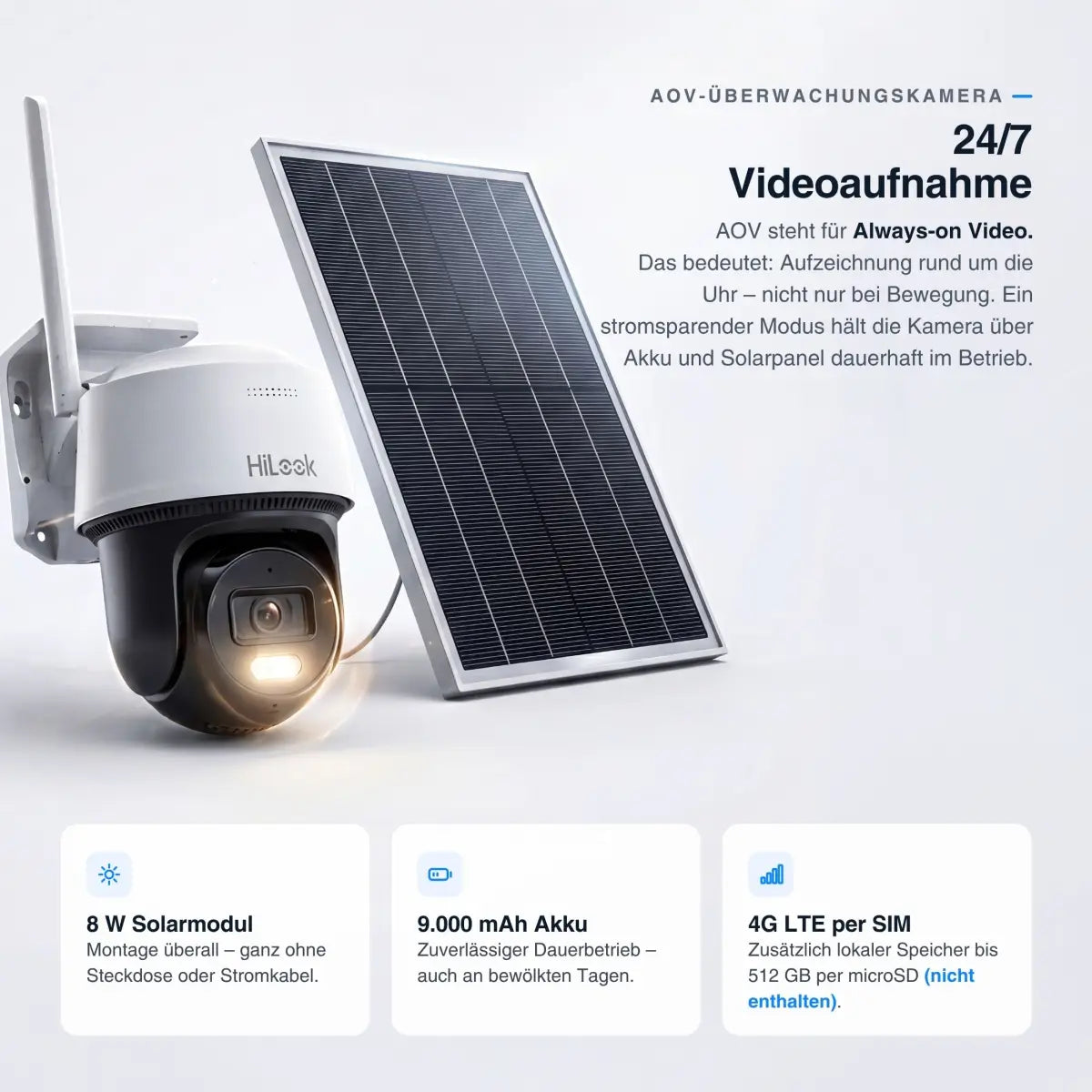 HiLook by HIKVISION Solar-Überwachungskamera | 4 MP | schwenkbar | 4G-SIM | Smartphone App | IPC-CFSP4/4G-SIM