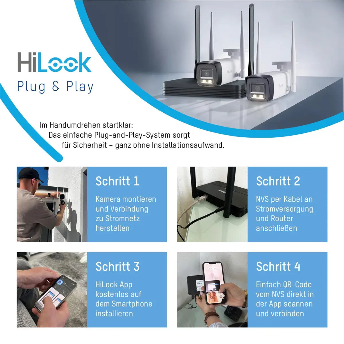 HiLook EasyLink WLAN Kit | 2x 4 MP Bullet Überwachungskameras | WiFi NVS | Komplettset | Menschen- & Fahrzeugerkennung | Farbnachtsicht | 2-Wege-Audio | 24/7 Aufzeichnung | IKS-2044BH-PH/W