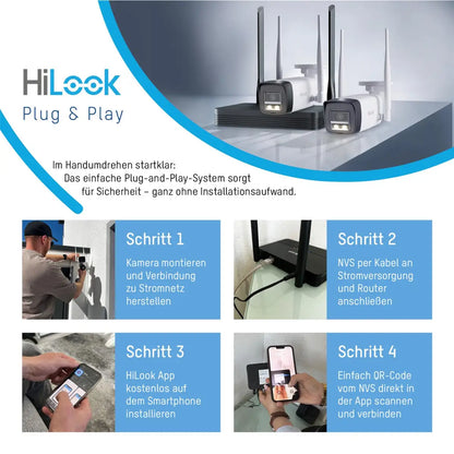 HiLook EasyLink WLAN Kit | 2x 4 MP Bullet Überwachungskameras | WiFi NVS | Komplettset | Menschen- & Fahrzeugerkennung | Farbnachtsicht | 2-Wege-Audio | 24/7 Aufzeichnung | IKS-2044BH-PH/W