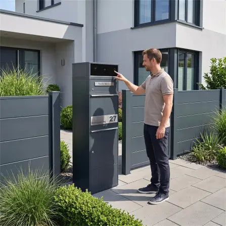 Metzler Video-Türsprechanlage mit Paketbox Bispo 2 | mit Brieffach | personalisiert | Paketentnahme auf der Vorderseite | Anthrazit RAL 7016