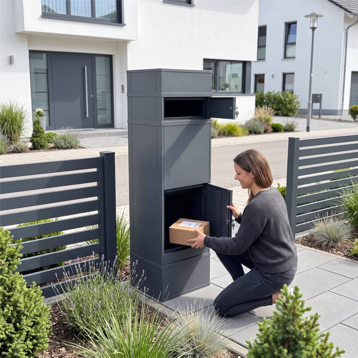 Metzler Video-Türsprechanlage mit Paketbox Zivo 2 | mit Brieffach | personalisiert mit Gravur | Entnahme auf der Rückseite | Anthrazit RAL 7016