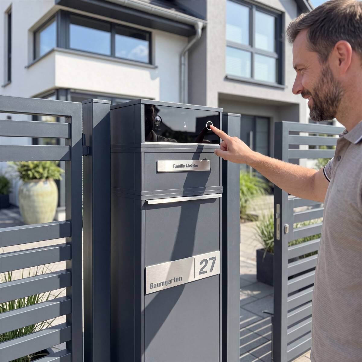 Metzler Video-Türsprechanlage mit Paketbox Zivo 2 | mit Brieffach | personalisiert mit Gravur | Entnahme auf der Rückseite | Anthrazit RAL 7016
