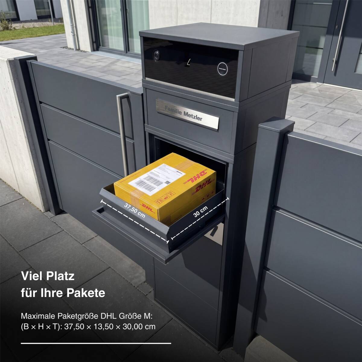 Metzler Video-Türsprechanlage mit Paketbox Zivo 2 | mit Brieffach | personalisiert mit Gravur | Entnahme auf der Rückseite | Anthrazit RAL 7016